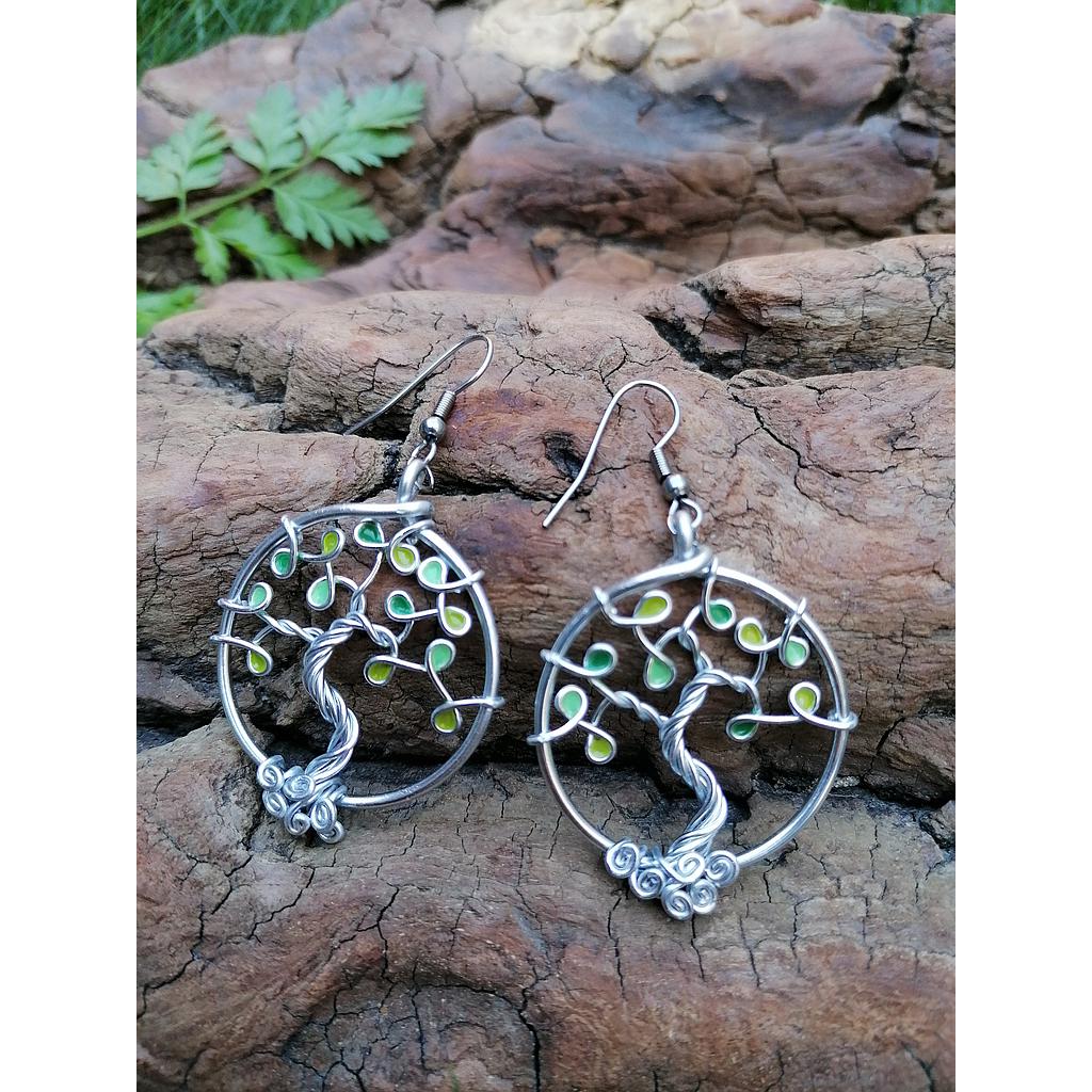 Boucles d'oreilles Arbre de Vie - Fil Argenté - Feuilles vertes (nuances)